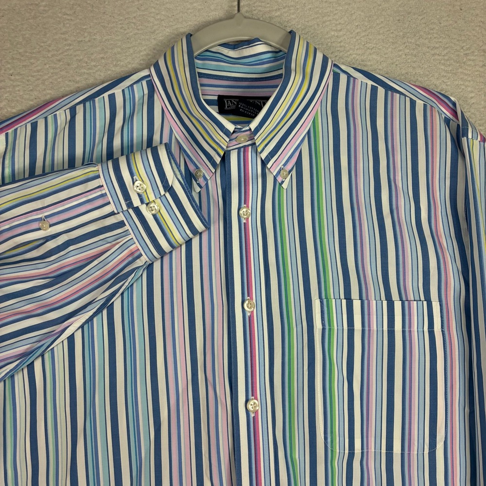 Vintage Lands End Oxford Shirt Men 15.5x34 Multicolor Striped OCBD Casual 90s